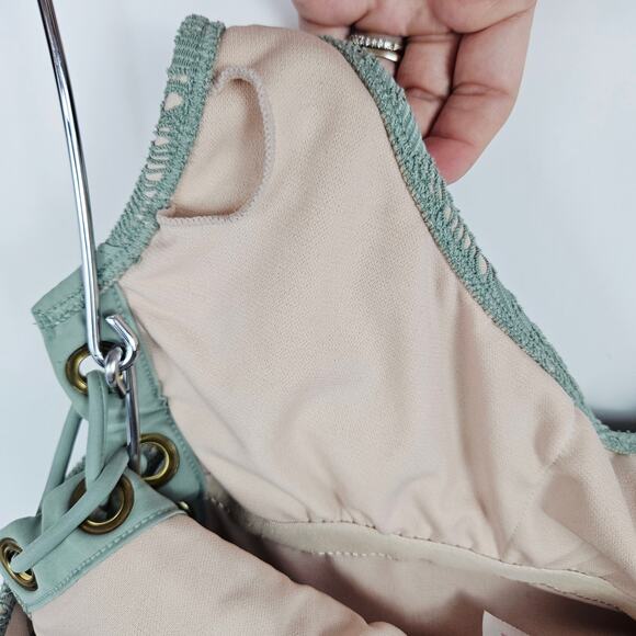Sage Green Crochet Lace One-Piece Swimsuit Nude Lining Sexy Lace Up Side Medium - Picture 9 of 14